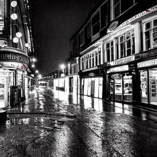 Prompt: dark Saturday, West Street Brighton Sussex at night in the rain, lots of reflections of lights, high quality photography