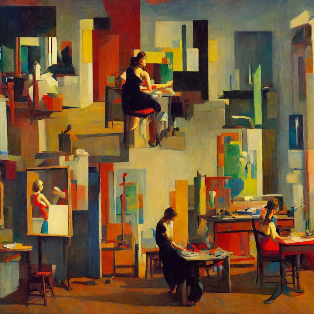 Image similar to painting of an artist, creating in her studio alone, in a huge eccentric studio filled with lots of incredible art, in the style of edward hopper