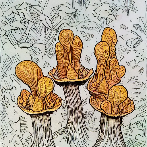 Prompt: cluster of chanterelle mushrooms, pen and ink drawing, drawn by hand, cozy, natural colors, textured paper