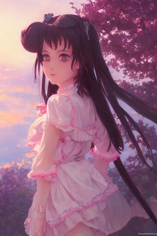 Image similar to a character design of little girl with black hair in a pink lolita dress, sky background by krenz cushart and mucha and akihito yoshida and greg rutkowski, detailed eyes, 4 k resolution