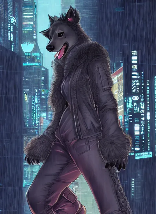 Image similar to character portrait of a female anthro hyena fursona with a cute beautiful attractive furry face and long black curly hair wearing a police bomber jacket in a cyberpunk city at night while it rains. hidari, color page, tankoban, 4K, tone mapping, Akihiko Yoshida.