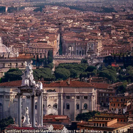 Image similar to An Angel from a Michelangelo painting flies over the cityscape of Rome. He looks tired. Filmed in the style of Wim Wenders. Cinematic, 50mm, highly intricate in technicolor