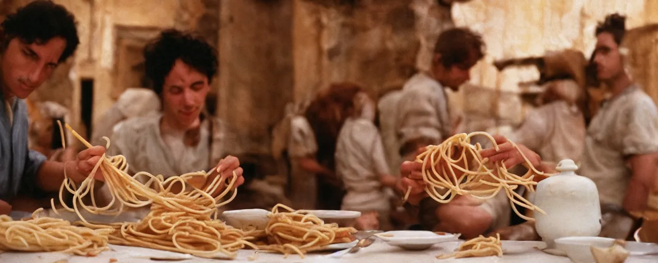 Prompt: the ancient greeks using spaghetti in geometry, canon 5 0 mm, wes anderson film, kodachrome