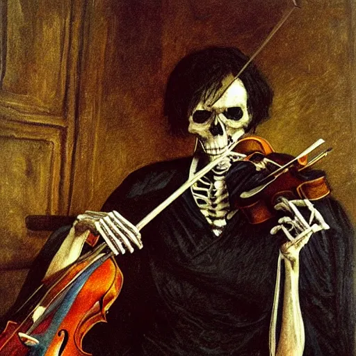 Image similar to portrait painting of a skeleton seated while playing violin, chiaroscuro, wooden interior walls, gothic and moody, Carlos Schwabe, Arnold Bocklin