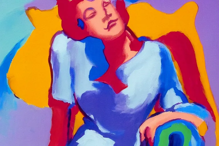 Prompt: a beautiful girl relaxing on a cloud by peter max, portrait,