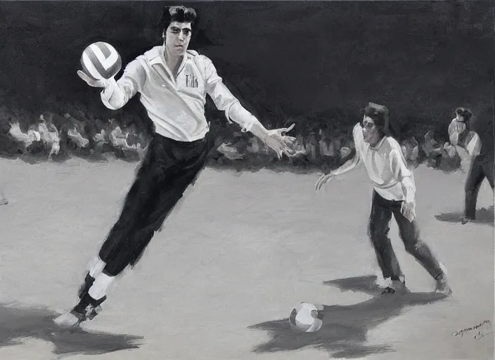 Prompt: a highly detailed beautiful portrait of elvis presley playing voleyball, by gregory manchess, james gurney, james jean