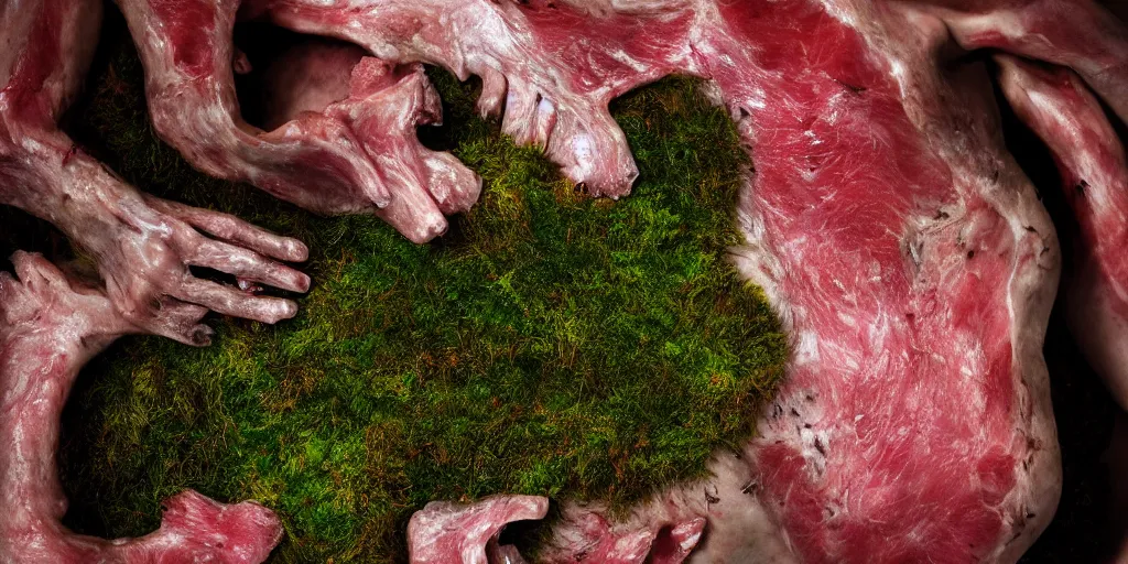 Prompt: details of moss growing on flesh and skin, meat, flower texture details, painitng, stab wound petals, oil on canvas, 4k, 8K, photorealistic, soft light, cinematic lighting, sharp, contrasting, dramatic light