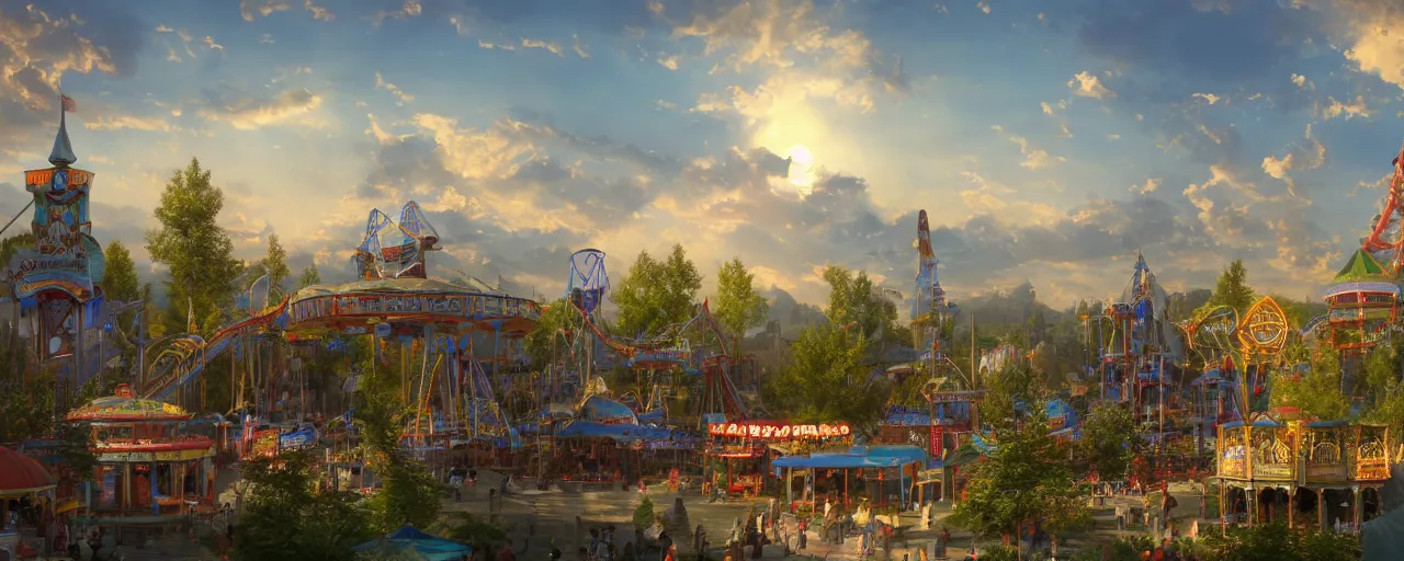 Image similar to amusement park, beautiful dynamic lighting, cinematic, wide angle establishing shot, extremely high detail, photo realistic, cinematic lighting, post processed, concept art, artstation, matte painting, style by frederic church, raphael lacoste, unreal engine 8k