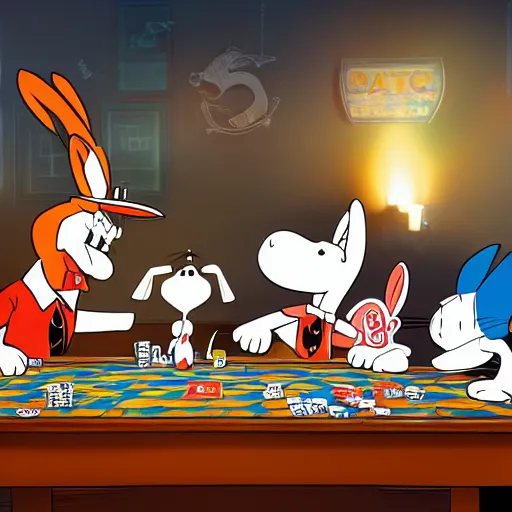 Image similar to a highly detailed vector picture of bugs bunny and captain cruch and snoopy and bender playing poker, octane render, 4 k resolution, trending on artstation, masterpiece