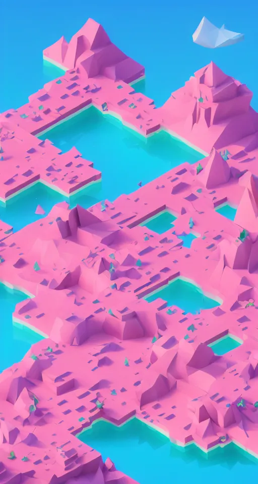 Image similar to matte 3d low poly cherry blossom island, pink waterfalls, isometric perspective on sky background, soft shadows, lat lighting, trending on artstation, 3d render, monument valley, fez video game,