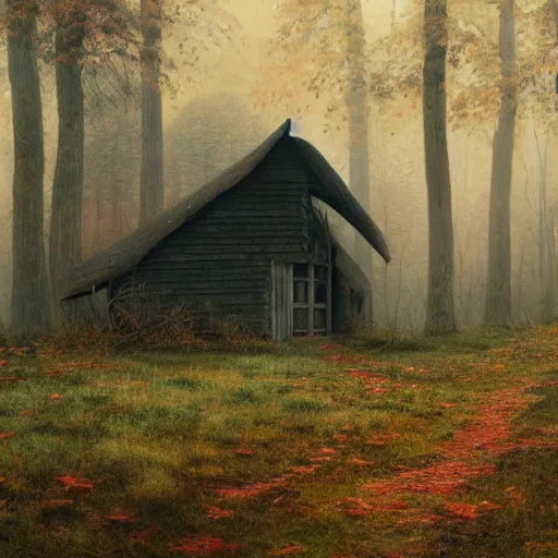 Image similar to an old broken hut in an autumn forest, many alot of huge tall mushrooms around it, green and brown tones, by Aron Wiesenfeld and beksincki, cinematic, detailed illustration, nature, fog, dark colors, suspense, intricate, 8k