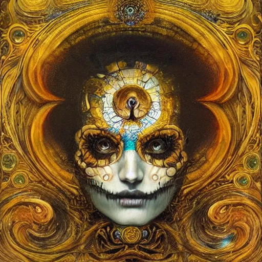 Prompt: Memento Mori by Karol Bak, Jean Deville, Gustav Klimt, and Vincent Van Gogh, beautiful visionary mystical portrait, otherworldly, fractal structures, ornate gilded medieval icon, third eye, spirals, sugar skull