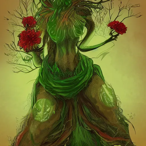 Prompt: a green magician that summons roots and flowers from the ground, artstation digital drawing, warm colors