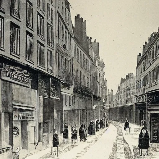 Prompt: une rue de paris vide avec des voitures garees, un restaurant avec une terrasse, des boutiques avec des neons, en debut de matinee ( ( ( en 1 7 6 0 ) ) )