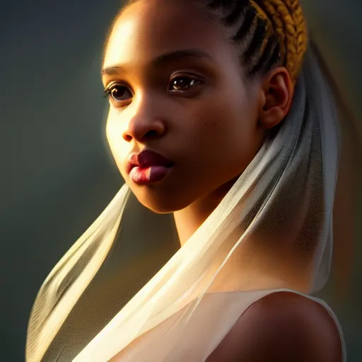 Image similar to a photorealistic hyperrealistic, bright brown eyes, light skinned african american young girl, ponytail hair, flawless face, beautiful lips, cute face, gorgeous white veil, by wlop, artgerm, greg rutwoski, alphonse mucha, beautiful dynamic dramatic low - light moody lighting, cinematic atmosphere, artstation, concept design art, octane render, 8 k