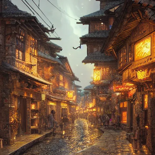 Image similar to ultra realistic illustration and highly detailed digital render of a intricate busy street inside a ancient 1 5 th century stone village, by greg rutkowski and makoto shinkai, nighttime, dark sky, twinkly stars, amazing sky, migrating birds in the sky, colorful street lamps along road, natural stone road, asian style vendorsf