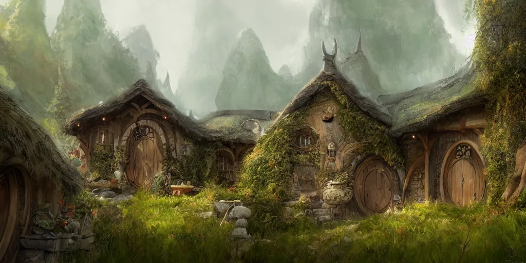 Image similar to The house of the Hobbit Bilbo Baggins, highly detailed, digital painting, artstation, concept art, smooth, sharp focus ilustration, Artstation HQ