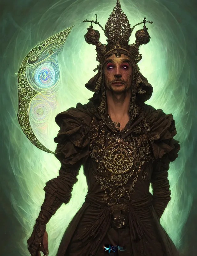 Image similar to front shot of a court jester character, hyperdimensional, bioluminescent hypercubes, dark holography!!!, (((intricate))), elegant, highly detailed, centered, (((artstation, concept art, smooth, sharp focus, artgerm, Tomasz Alen Kopera, Peter Mohrbacher, donato giancola, Joseph Christian Leyendecker, WLOP, Boris Vallejo))), mugshot!!!!!, ugly!!!!!!, octane render, nvidia raytracing demo, octane render, nvidia raytracing demo, octane render, nvidia raytracing demo, grainy, muted, 8K, digitalblasphemy, metatron