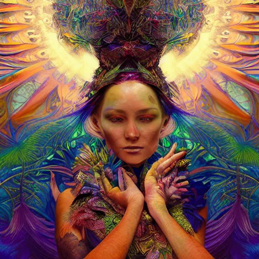 Image similar to A reality bending psychedelic ayahuasca experience, colorful, distorted, surreal, tropical bird feathers, dramatic lighting on the face, intricate, elegant, highly detailed, digital painting, concept art, smooth, sharp focus, illustration, art by Krenz Cushart and Wayne Barlowe and alphonse mucha