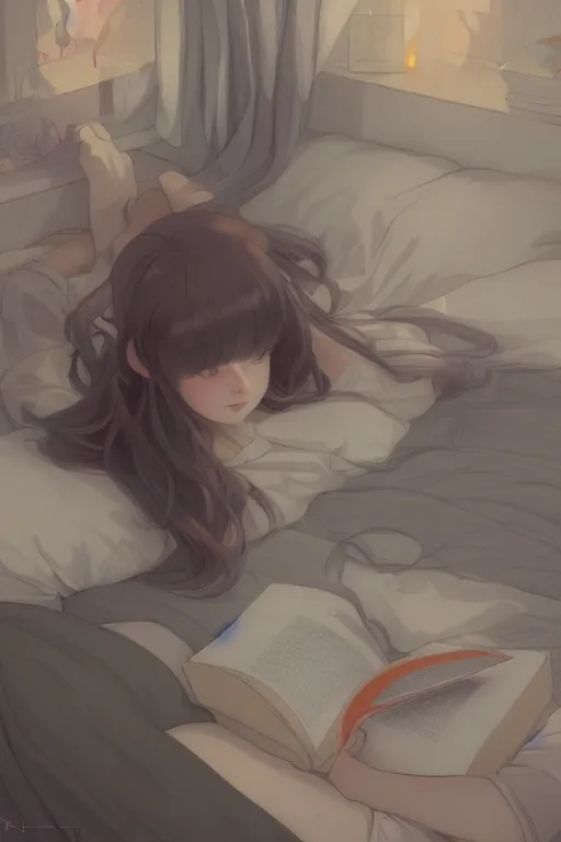 Image similar to a teenage girl in a jk uniform outfit in the bedroom reading a book in a night, raining outside the window, grey and orange theme ， wavy white long hair, by krenz cushart and mucha and akihito yoshida and greg rutkowski and makoto shinkai and wlop, detailed eyes, 4 k resolution