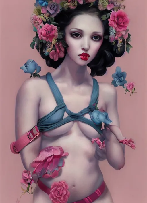 Image similar to pop surrealism, lowbrow art, realistic seductive cute woman sitting painting, pink body harness, japanese shibari with blue flowers, hyper realism, muted colours, rococo, natalie shau, loreta lux, tom bagshaw, mark ryden, trevor brown style,