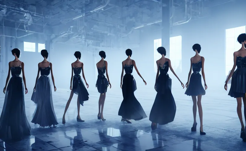 Image similar to Fashion Catwalk!! on a platform in an Angelic Floating City in the Clouds, Fashion Photography, Hyperrealistic, Intricate Details, Raytracing, Volumetric Lighting, Lightshafts, Smooth Gradients, Unreal Engine 5, Photorealism, Concept Art