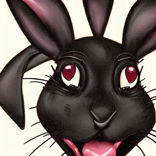 Image similar to A extremely highly detailed majestic hi-res beautiful, highly detailed head and shoulders portrait of a scary terrifying, horrifying, creepy black cartoon rabbit with a bowtie and scary big eyes, earing a shirt laughing, hey buddy, let's be friends, in the style of Walt Disney