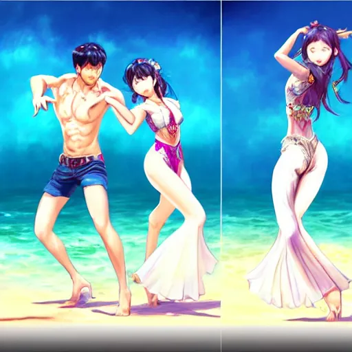 Prompt: semi realistic portrait Salsa Dancing inside clear blue ocean water in blade and soul spinoff by Hyung-tae Kim and by Artgerm Lau , color overlay, rim light and highlights , Gesture draw, Salsa Social Dance, couple, Salsa tricks, WLOP, Hyung-tae Kim, Rossdraws, Gesture draw, James Jean, Andrei Riabovitchev, Marc Simonetti, and Sakimichan, trending on artstation