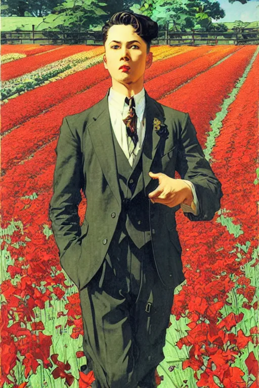 Prompt: attractive man in flower field, painting by j. c. leyendecker, yoji shinkawa, katayama bokuyo