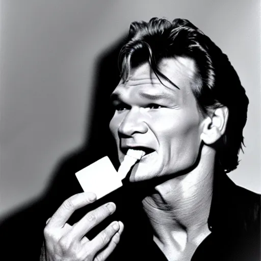 Prompt: patrick swayze eating a cola cube, photograph,