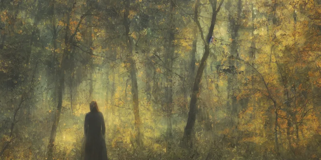 Prompt: a girl in an autumn forest, yellow and green tones, by Aron Wiesenfeld, wolf, cinematic, detailed illustration, nature, fog, dark colors, suspense, intricate, 8k