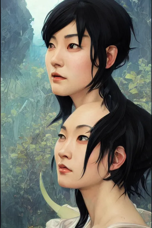 Prompt: science-fiction character portrait of Nakamura Aya, black hair cut in a bob, perfect facial features, highly detailed, digital painting, artstation, upper body, concept art, smooth, sharp focus, illustration, art by artgerm and greg rutkowski and alphonse mucha