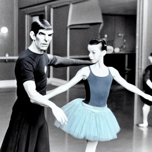 Image similar to mr spock wearing a blue tutu taking ballet lessons from a female klingon ballet teacher