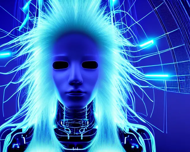 Image similar to glowing hair, complex cybernetic beings, beautiful hairy humanoids, cybermagnetosphere, cybernetic civilizations, ornate hair, love, joy, vortexes, large arrays, data holograms, 8 k, cinematic light shadows, wet hdr refractions, *, * * *, * * * * *