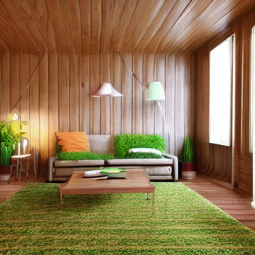 Image similar to 1 9 7 0 s interior, living room, retro, vintage, architecture, wood panel walls, green shaggy carpet, orange and brown touches, realistic, natural lighting