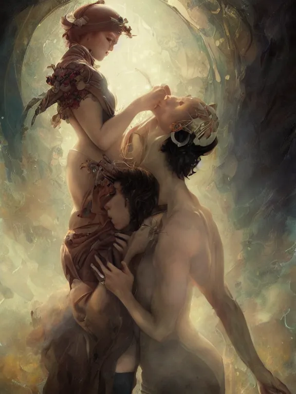 Image similar to a gorgeous portrait of two star-crossed lovers with the weight of their connection bearing down on them, hyperrealistic, award-winning, in the style of Tom Bagshaw, Cedric Peyravernay, Peter Mohrbacher