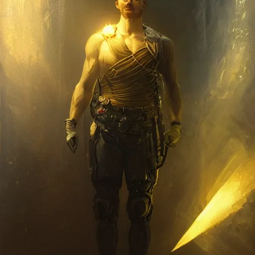 Image similar to handsome portrait of a young guy fitness posing, war hero, radiant light, caustics, volumetric plasma encircling background, by gaston bussiere, bayard wu, greg rutkowski, giger, maxim verehin