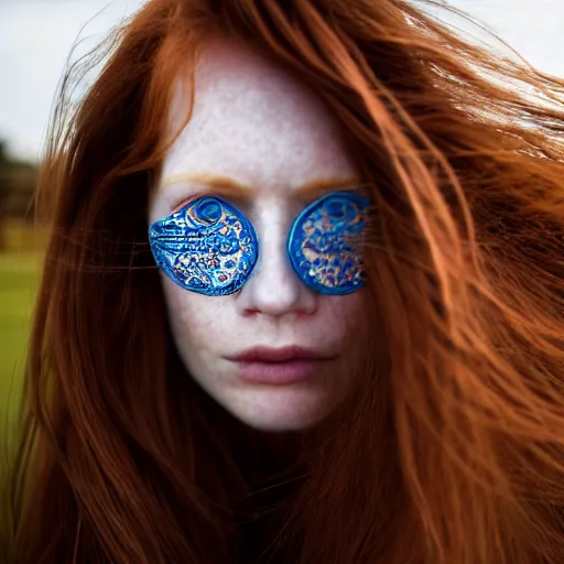 Image similar to close up half-face portrait photograph of a ginger woman with deep blue eyes. Wavy long hair. she looks directly at the camera. Slightly open mouth, face covers half of the frame, with a park visible in the background. 135mm nikon. Intricate. Very detailed 8k. Sharp. Cinematic post-processing. Award winning portrait photography