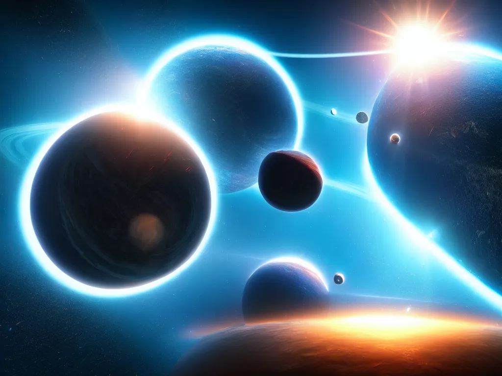 Image similar to two planets earth colliding with each other, artstation, volumetric light, high detail, reflections, perfect, concept art, hdr, 4 k