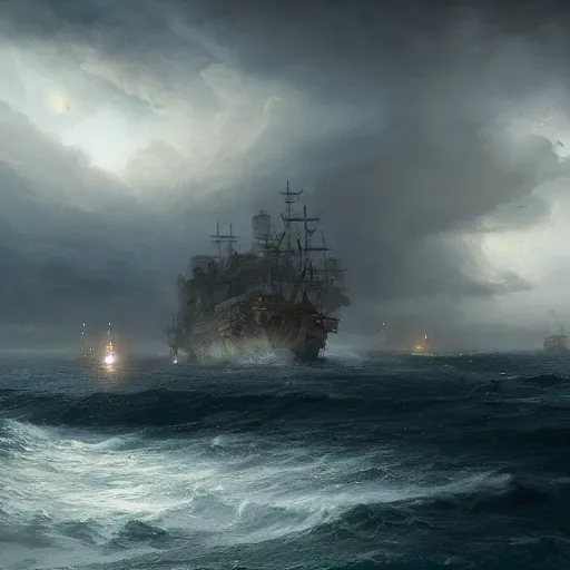 Prompt: an ship docking into an stormy island, Matte painting , detailed painting, made by Greg Rutkowski, 4k resolution, atmospheric, breathtaking