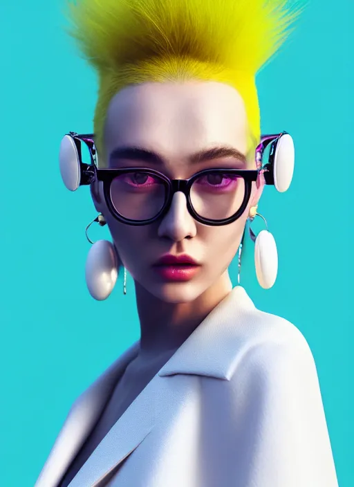 Prompt: coat for a rave,glasses, white hairstyle, earrings, bright soft colors, soft yellow background, many details, prints, photo for a magazine, photo for a store, fashion photography, Vogue, 135 mm, cinematic, hyper realism, high detail, octane render, 8k, chrome accents, very coherent symmetrical artwork, perfect face model, Soft light, Reduced contrast
