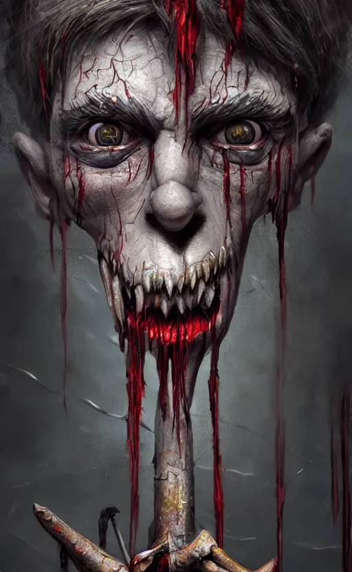 Image similar to photorealistic fantasy concept art of pinocchio as a monster, with bloody dripping down his face and mouth, dynamic lighting, cinematic, ultra detailed, stunning visuals, creative, trending on art station