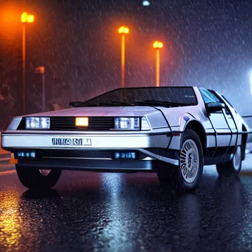 Prompt: Hyperdetailed, photorealistic photograph of a DMC 12 Delorean driving in the streets, rain, night, dense fog, HD, unreal engine 5