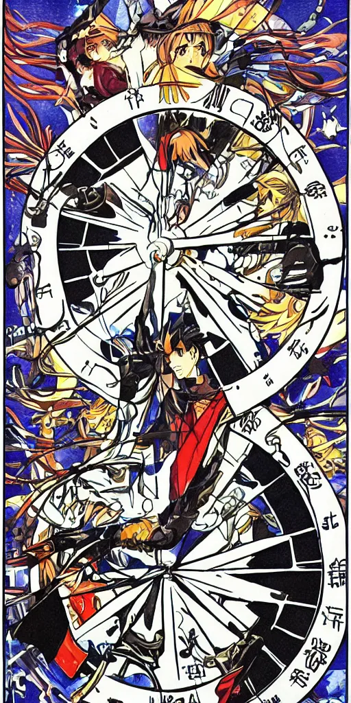 Prompt: Wheel of Fortune tarot card by a famous anime artist. clean, sharp lines,