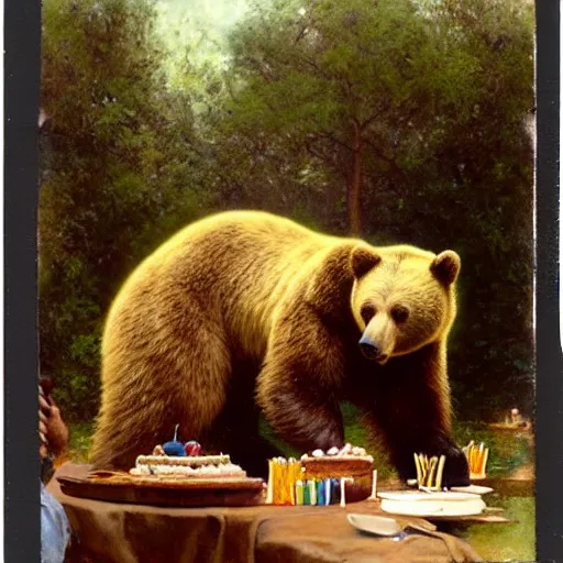 Image similar to polaroid photo of a bear eating cake at his 7 0's birthday at a zoo, highly detailed painting by gaston bussiere, craig mullins, j. c. leyendecker