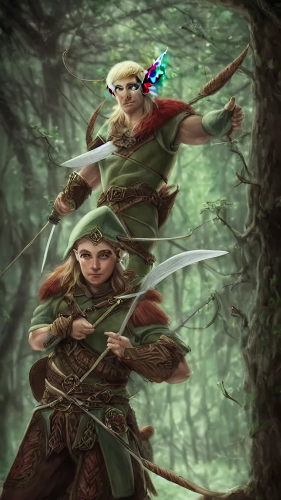 Prompt: beautiful strong male elf archer portrait, magical forest background, trending on artstation, award - winning