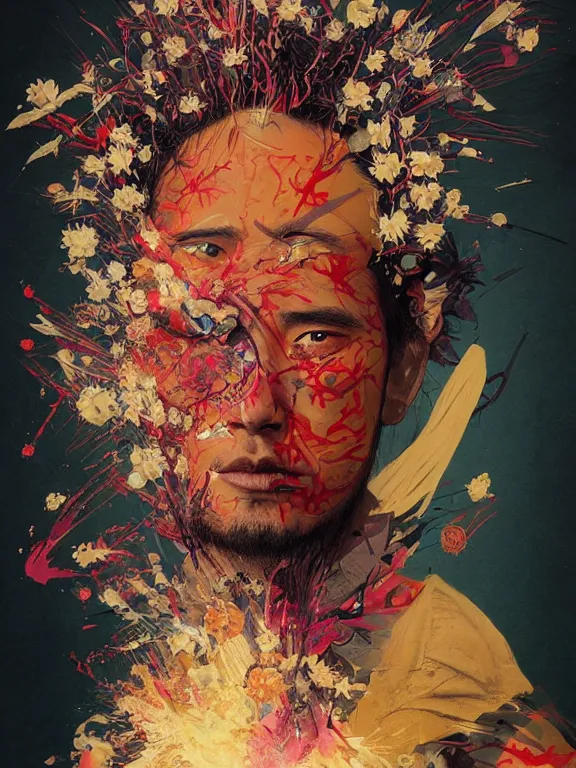 Prompt: art portrait of samurai with flowers exploding out of head,by tristan eaton,Stanley Artgermm,Tom Bagshaw,Greg Rutkowski,Carne Griffiths,trending on DeviantArt,face enhance,chillwave,minimalist,cybernetic, android, blade runner,full of colour,