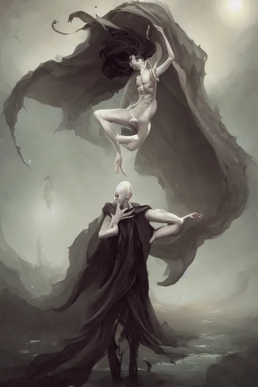 Image similar to a humanoid creature of pure imagination with pale white skin and a gaunt face. the creature is bald. it is wearing a black flowing cloak that looks like mist. art by peter mohrbacher.