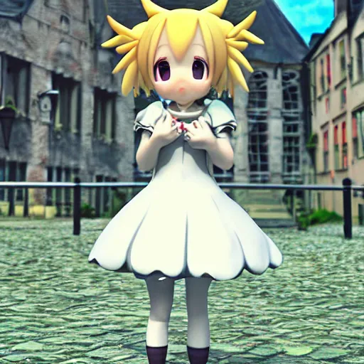 Image similar to Manga cover portrait of an extremely cute and adorable beautiful Flandre Scarlet posing for the camera in Bruges, 3d render diorama by Hayao Miyazaki, official Studio Ghibli still, color graflex macro photograph, Pixiv, DAZ Studio 3D