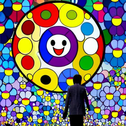 Prompt: man walking across bridge, bright colors, Takashi Murakami, Minimalist,